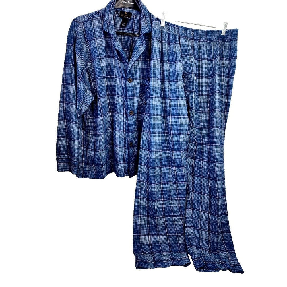Bill Blass Black Label Men’s Sleep Set  L Flannel Pajamas Blue Plaid Top &Pants